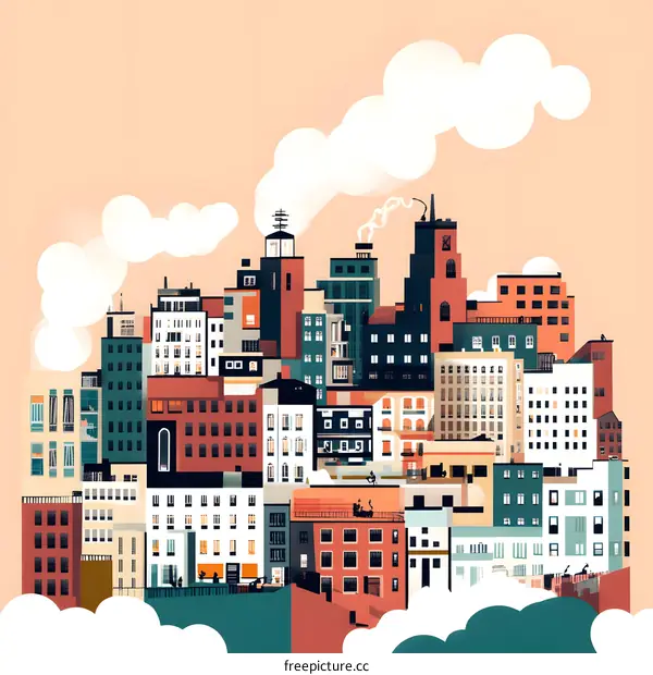 Modern Cityscape Illustration with Tall Buildings and Clouds
