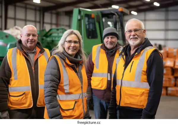 Four employees wearing orange safety vests stand in a warehouse.