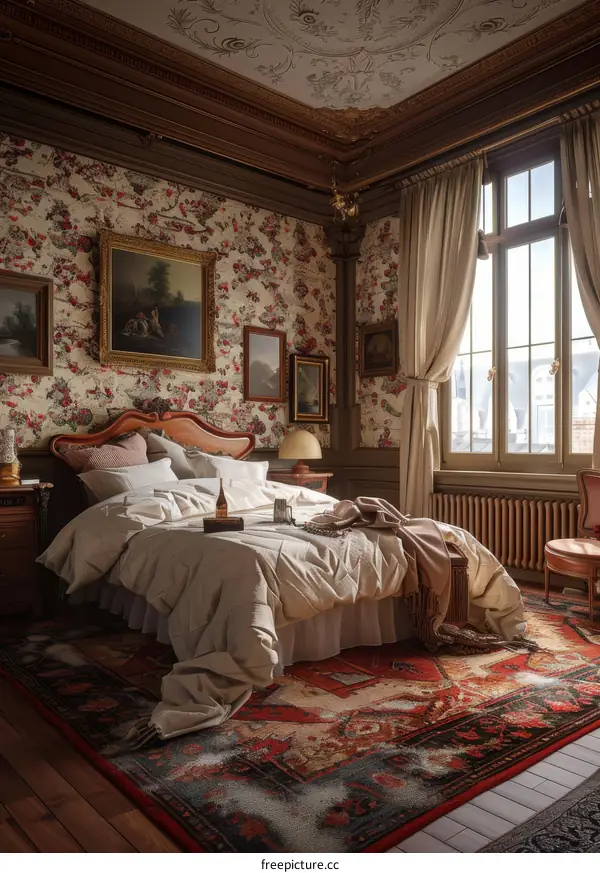 Elegant Antique Bedroom Interior Illustration