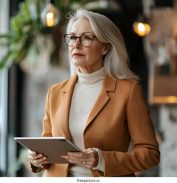 Businesswoman holding a tablet and looking out the window