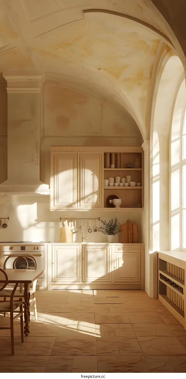 Warm and Cozy Kitchen Interior Design with Arched Windows