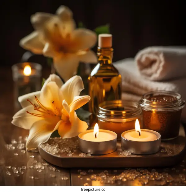 Spa composition with flowers, candles and massage oil