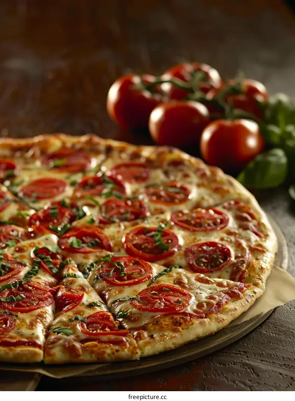 Pizza with fresh tomatoes and basil on a wooden table