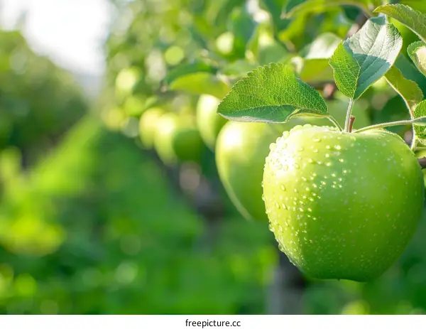 Close-up of a granny smith apple hanging in an orchard