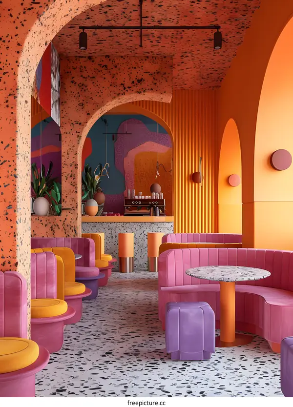 Modern interior of cafe with bright colors and arches