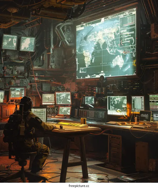 Futuristic soldier monitoring world security systems