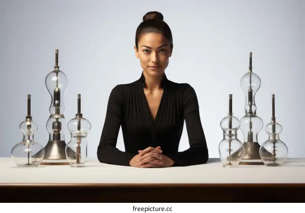 Portrait of a young woman with a serious expression sitting at a table with several glass and metal objects in front of her