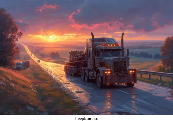 A semi truck drives down a rural highway at sunset
