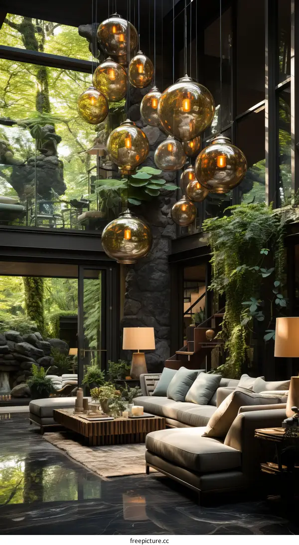 Modern living room interior with glass bubble chandeliers and green plants