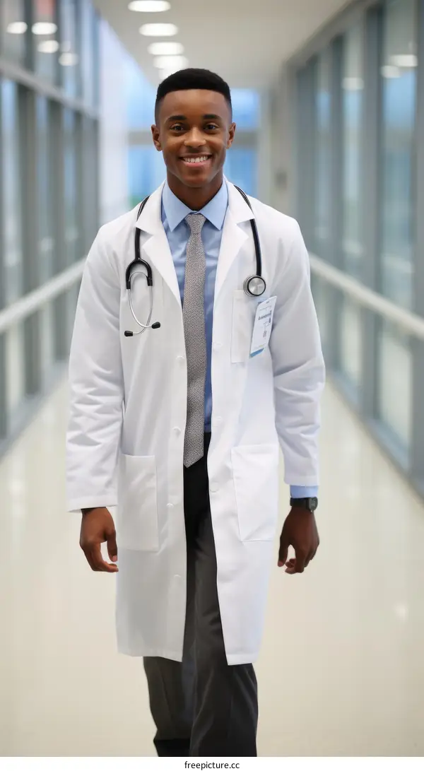 Smiling young male doctor of African descent in a hospital hallway