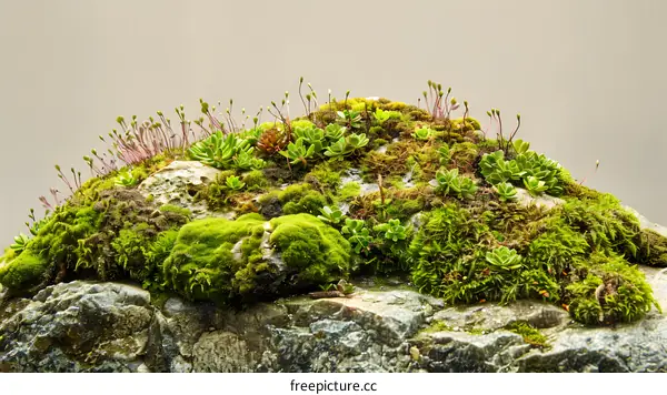 Green Mossy Rock With Succulents