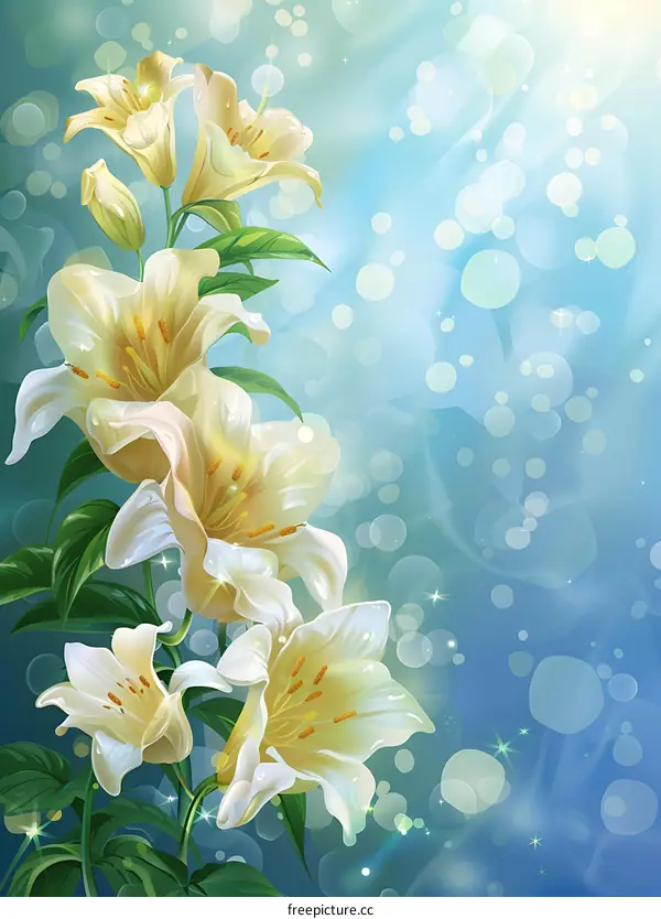 White Lilies Bouquet on Blue Background