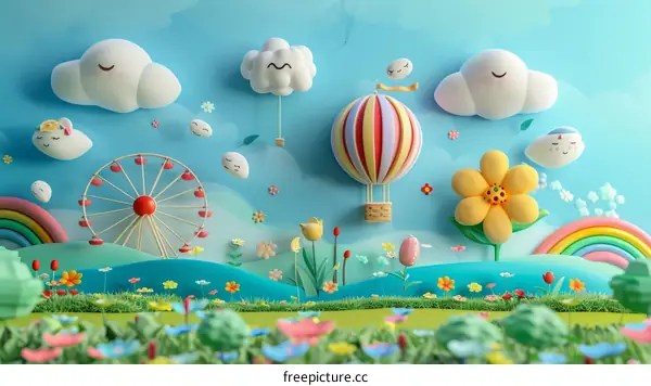A whimsical 3D illustration of a hot air balloon ride over a rainbow and a field of flowers