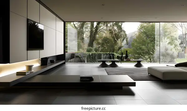 Modern Living Room Interior Design with Large Windows and a View of Greenery