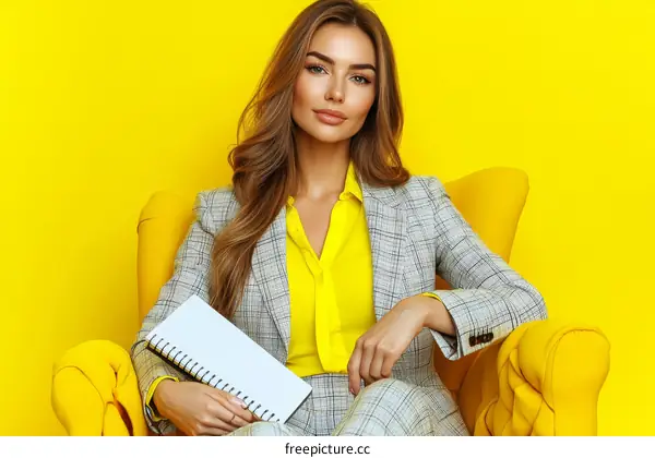 Stylish Woman in Yellow and Gray Outfit