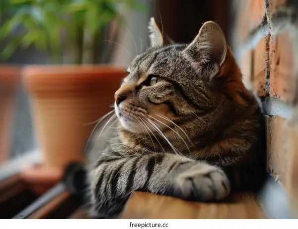 A ginger tabby cat sits on a wooden table, looking out a window.