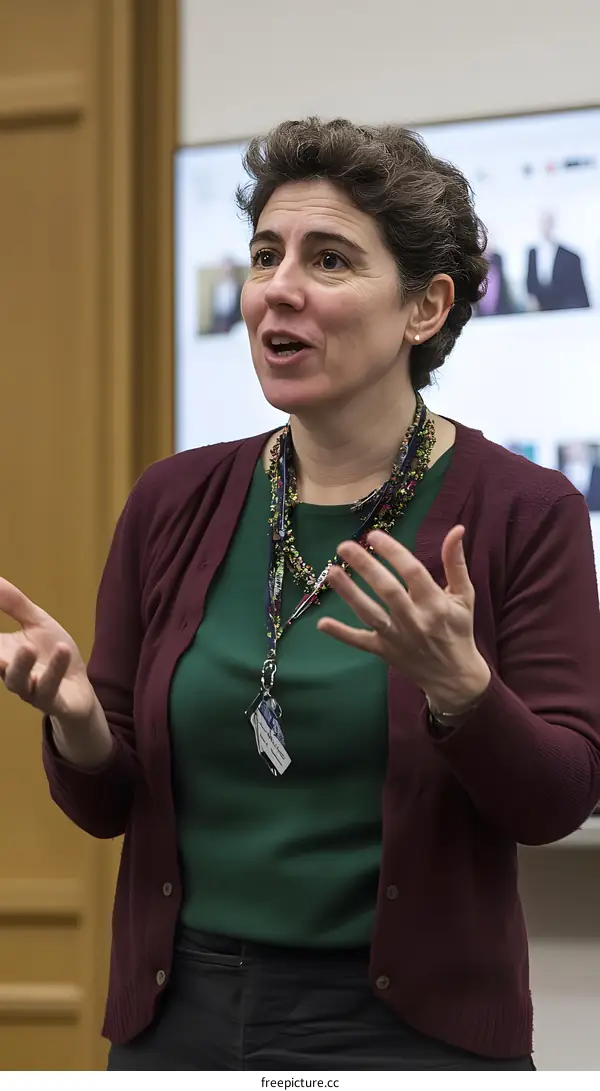 Woman speaking at a conference with microphone