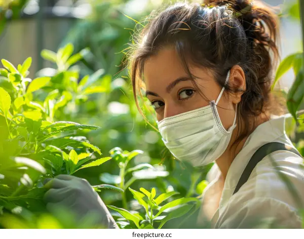 Young woman wearing a mask and gloves while gardening