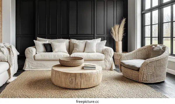 Modern Living Room with Beige Sofa and Wicker Chair