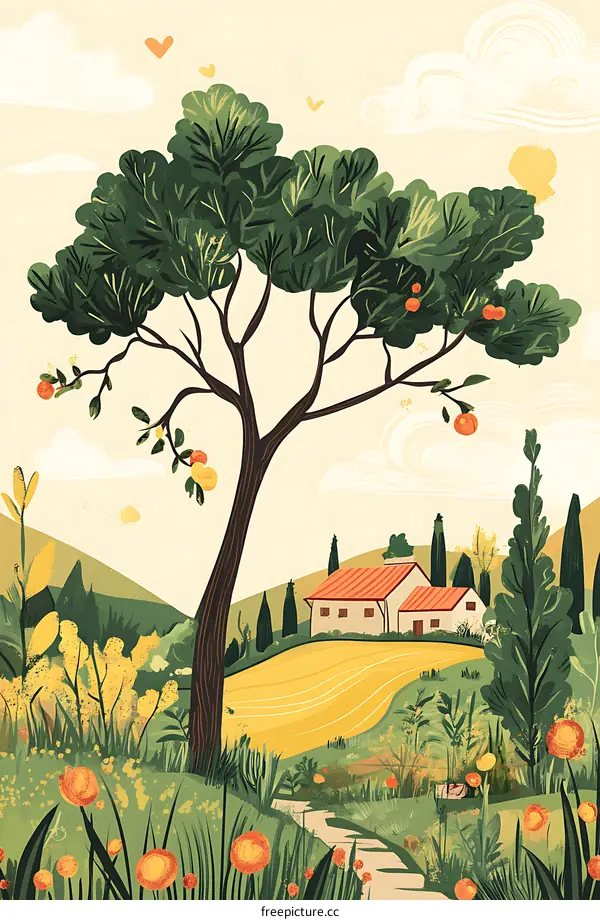 Summer Landscape with House and Tree