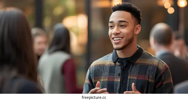 Smiling Man in Plaid Shirt Talks with Woman