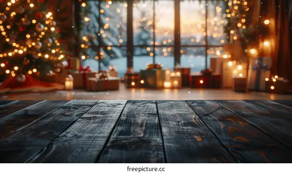 Christmas background with a wooden table and a blurred background of a living room with a Christmas tree and presents