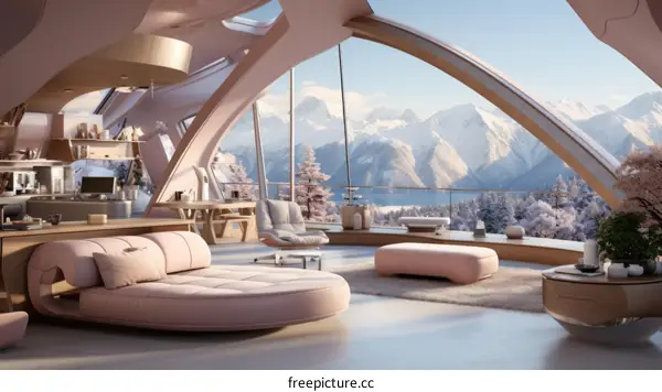 Modern house interior design with large windows and mountain views