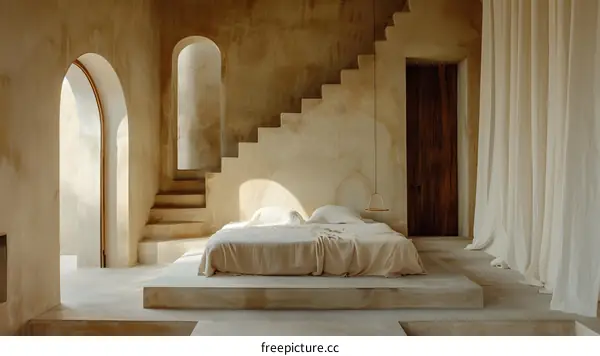 Minimalist Bedroom Interior Design with Archways and a Hanging Lamp