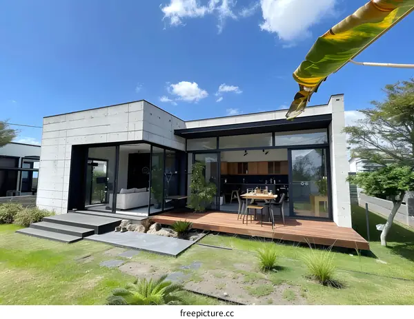 Modern Concrete House with Wooden Deck and Patio
