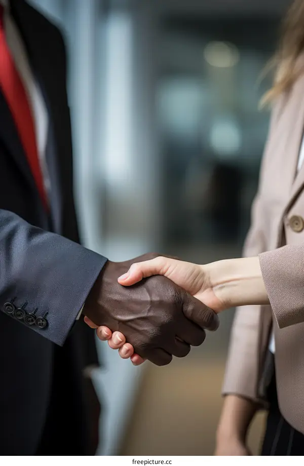 Business handshake between a black man and a white woman
