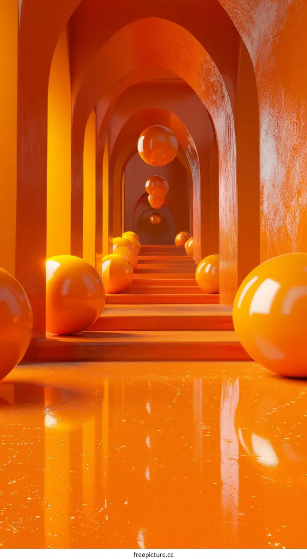 Orange Archway Corridor with Floating Spheres