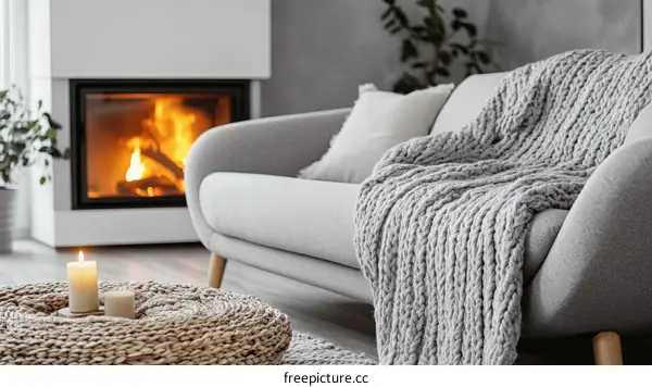 Cozy Living Room with Fireplace and Knitted Throw