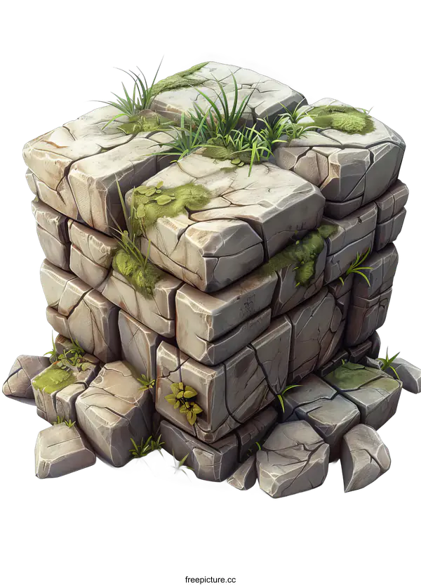 [Transparent Background PNG]A cube made of stone with moss and grass