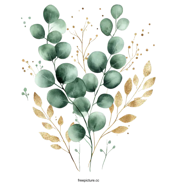 [Transparent Background PNG]Watercolor Eucalyptus Branches with Gold Accents