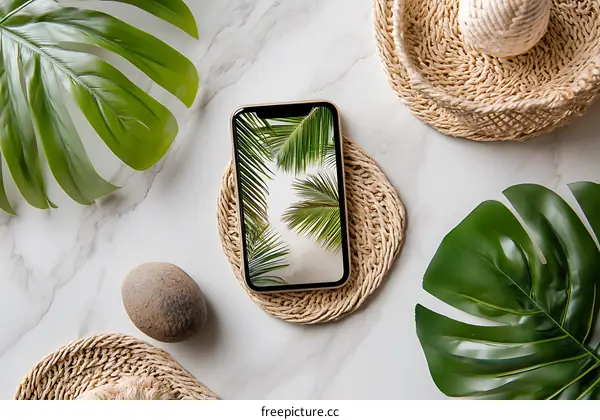 Tropical Leaves and Phone with Palm Tree Background on Marble Surface