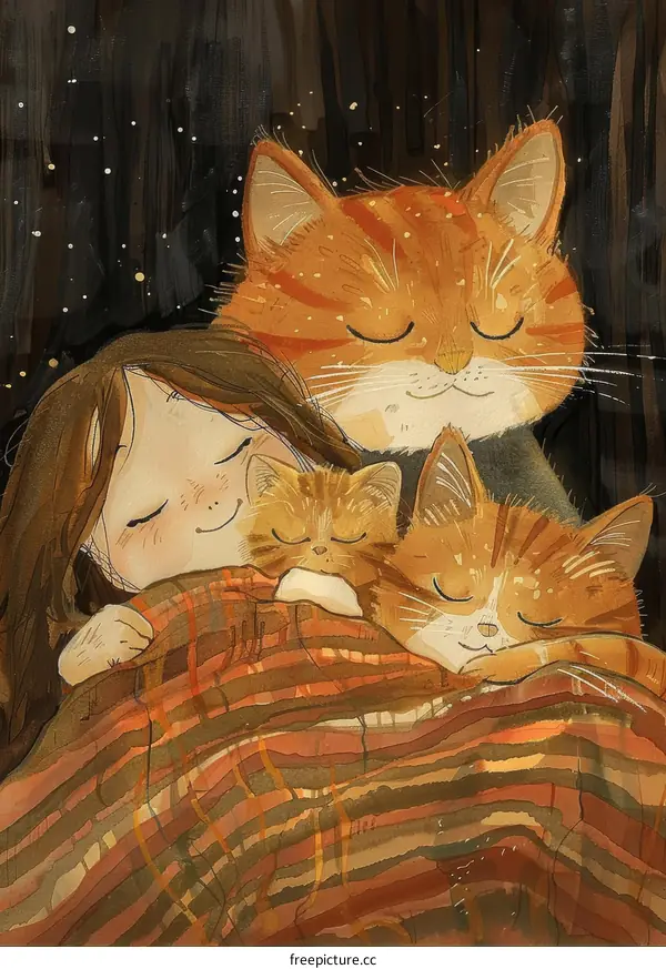 A girl sleeping with two cats