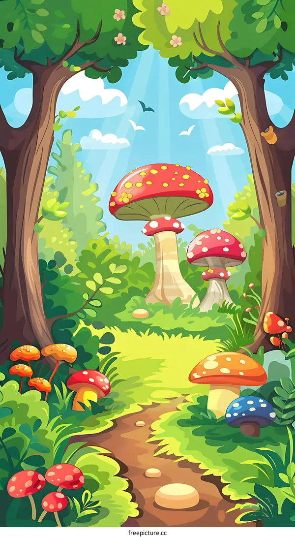 Cartoon Illustration of a Path in a Forest with Mushrooms