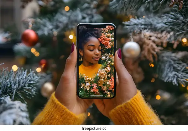Christmas Tree Photo on Phone Screen Held by Black Woman
