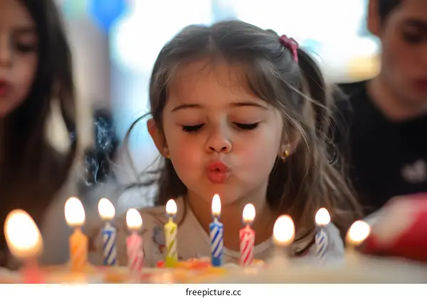 Little Girl Blowing Out Candles On Birthday Cake