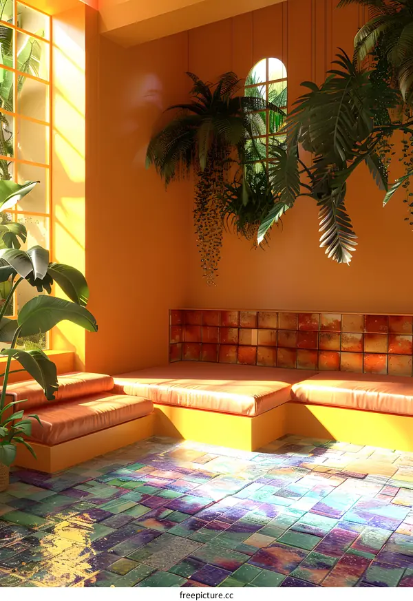 Interior Design Rendering with Orange Walls and Plants