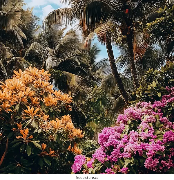 Palm Trees and Flowers in Lush Tropical Garden