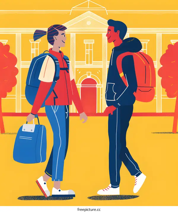 Two Students Talking Outside of a School Building