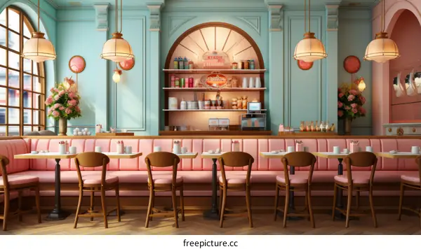 Retro Diner Interior with Pastel Decor and Pink Banquettes