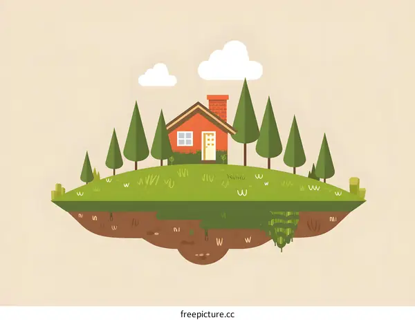 Floating House with Pine Trees and Clouds Illustration