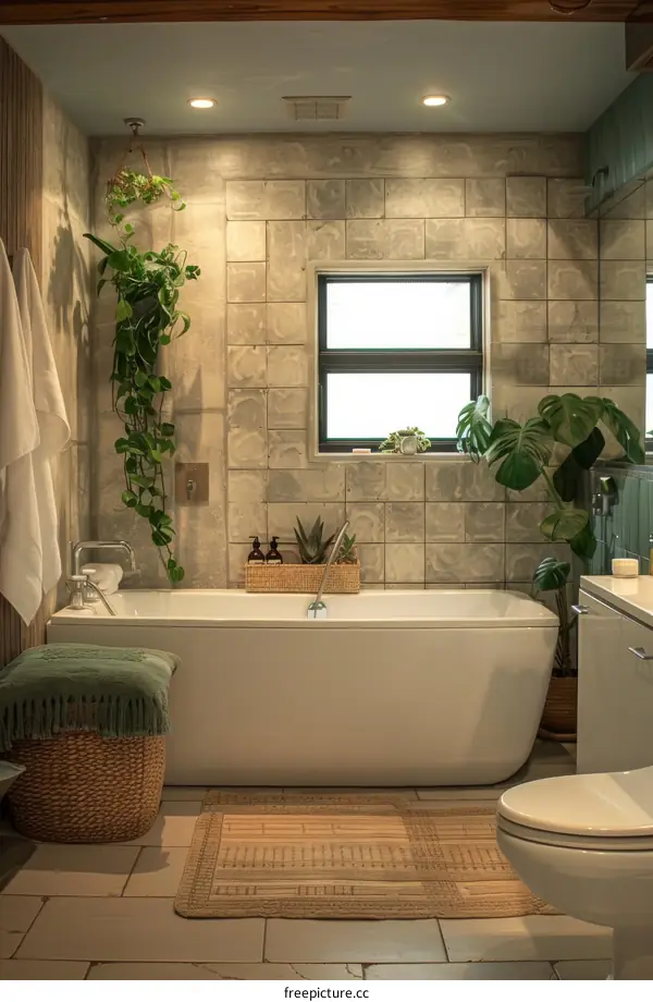Modern Bathroom with Plants and Cozy Decor