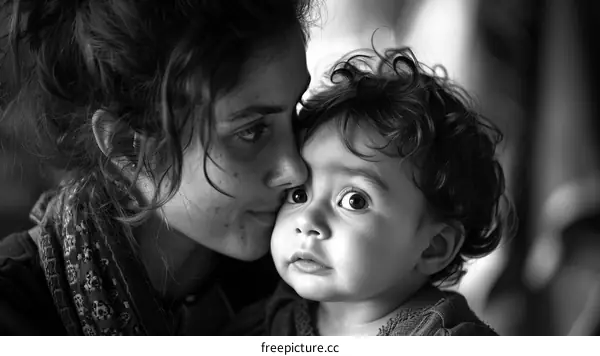 black and white portrait of a mother and her child