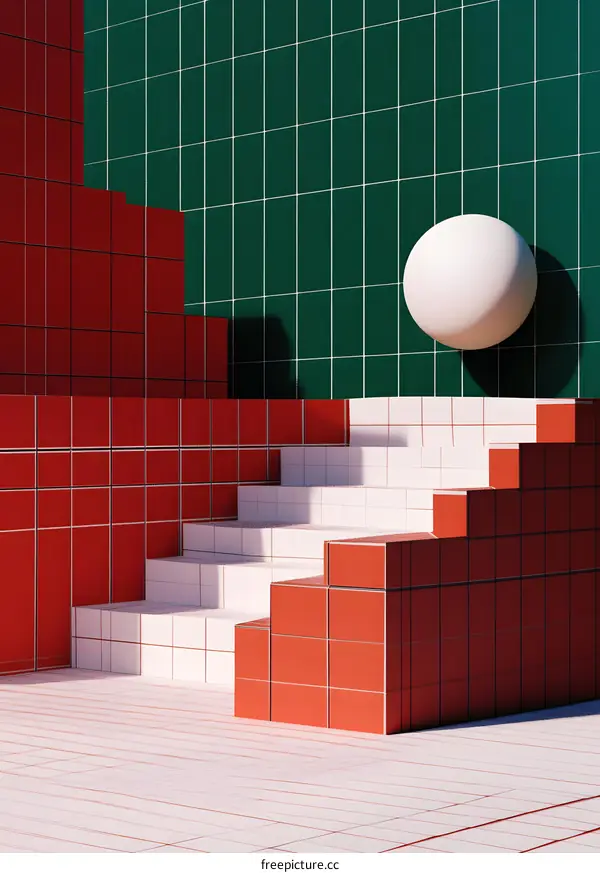Abstract Geometric Shapes Green and Red Tiles Minimalist Style 3D Render