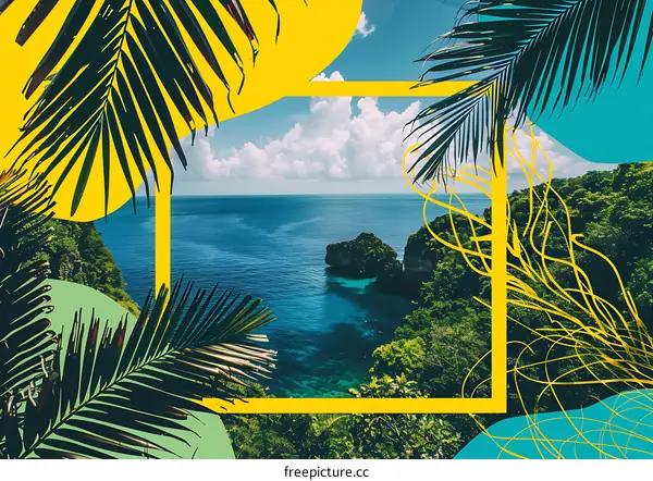 Tropical Beach with Palm Leaves and Abstract Shapes