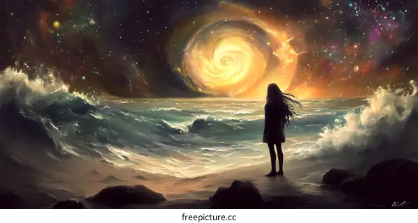Woman Standing on Beach Looking at Galaxy