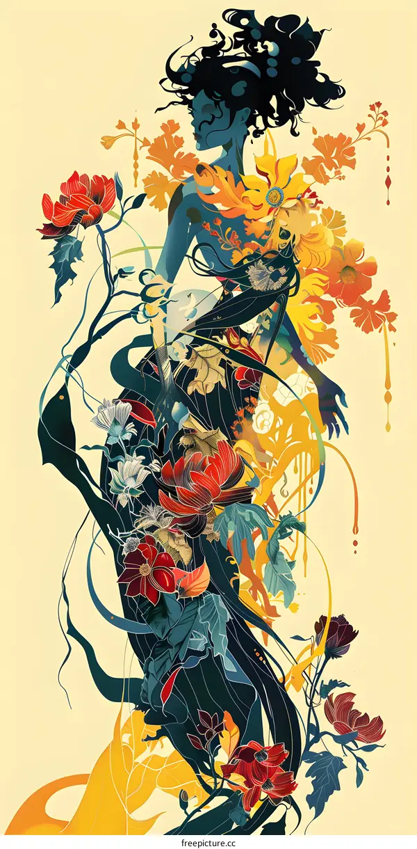 Colorful Woman with Flowers and Plants